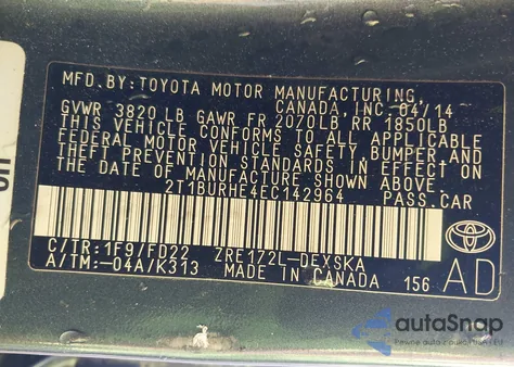 2014 Toyota Corolla S Plus z USA, uszkodzony, nr VIN 2T1BURHE4EC142964